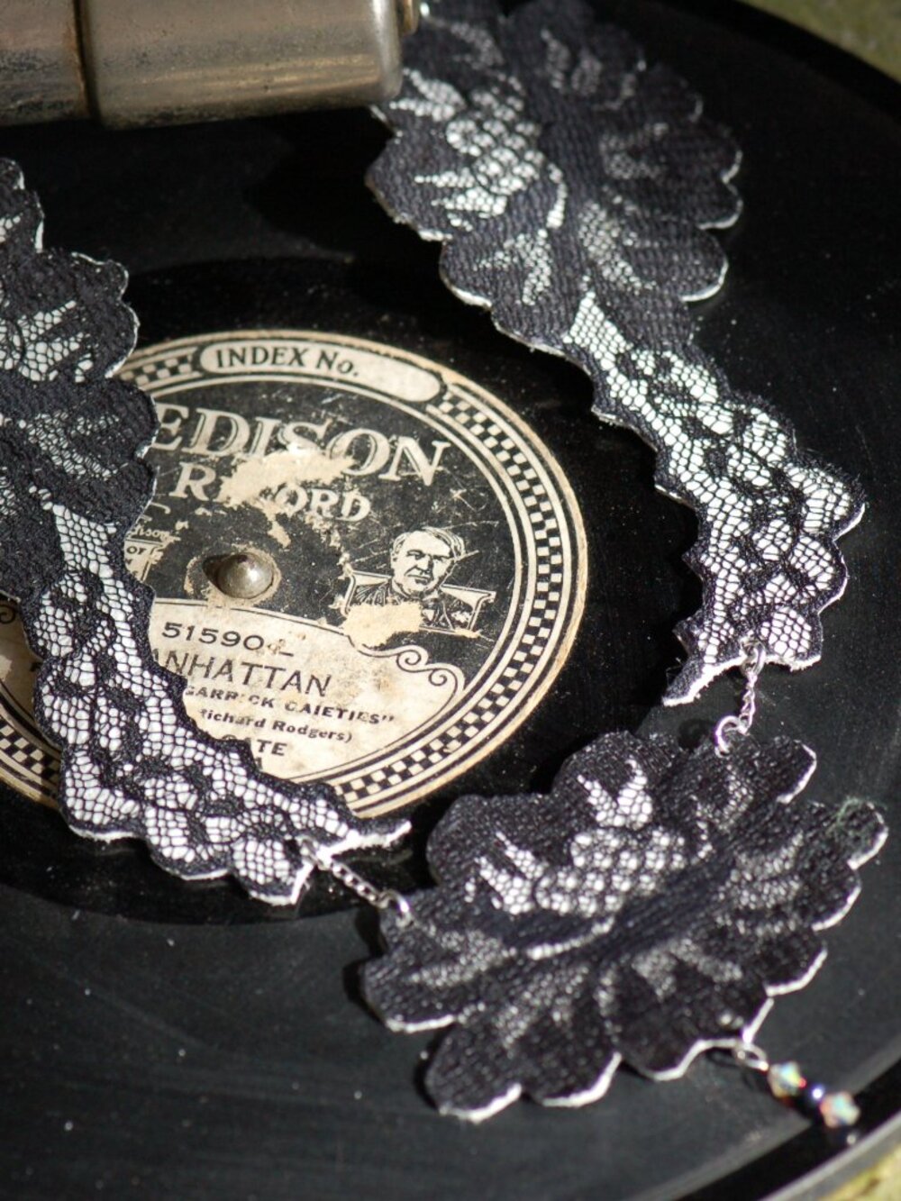 Edwardian black lace on leather necklace - Dark floral lace, upcycled leather
